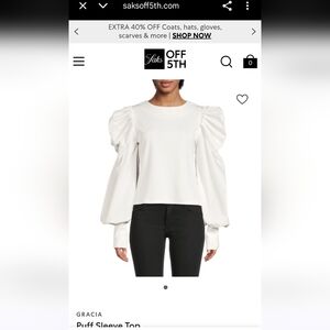 WOMEN'S GRACIA WHITE BALLOON SLEEVE TOP BLOUSE SHIRT SZ SMALL $82 Saks